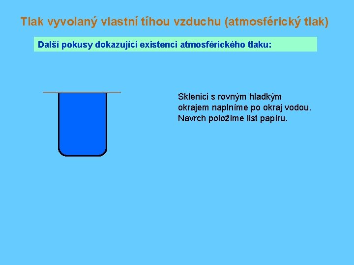 Tlak vyvolaný vlastní tíhou vzduchu (atmosférický tlak) Další pokusy dokazující existenci atmosférického tlaku: Sklenici