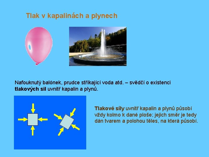 Tlak v kapalinách a plynech Nafouknutý balónek, prudce stříkající voda atd. – svědčí o