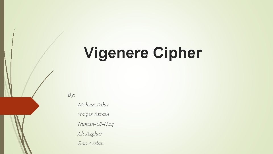 Vigenere Cipher By: Mohsin Tahir waqas Akram Numan-Ul-Haq Ali Asghar Rao Arslan 