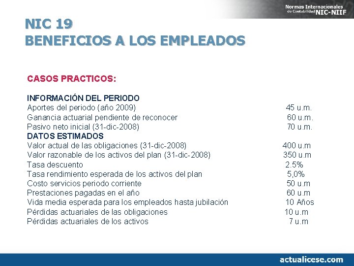 NIC 19 BENEFICIOS A LOS EMPLEADOS CASOS PRACTICOS: INFORMACIÓN DEL PERIODO Aportes del periodo