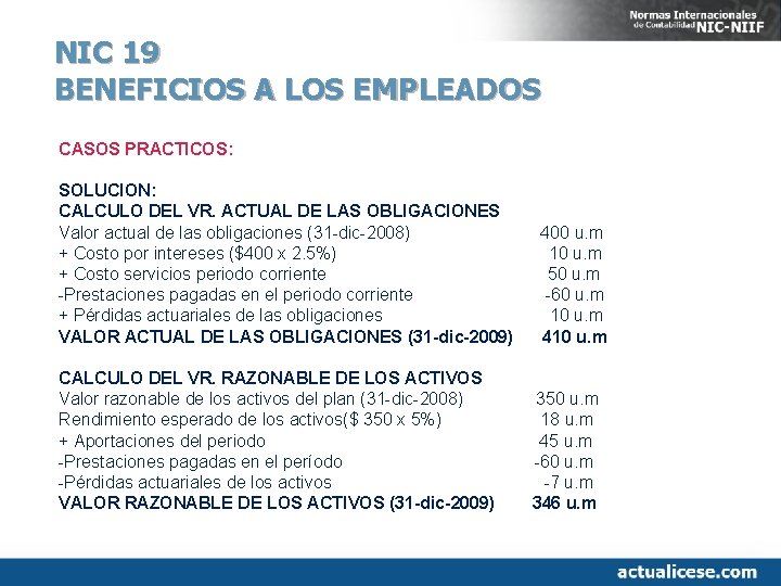 NIC 19 BENEFICIOS A LOS EMPLEADOS CASOS PRACTICOS: SOLUCION: CALCULO DEL VR. ACTUAL DE