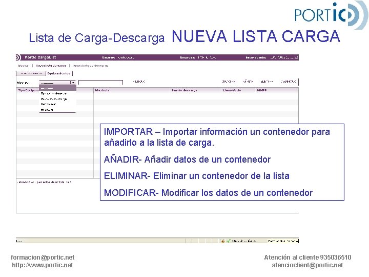 Lista de Carga-Descarga NUEVA LISTA CARGA IMPORTAR – Importar información un contenedor para añadirlo