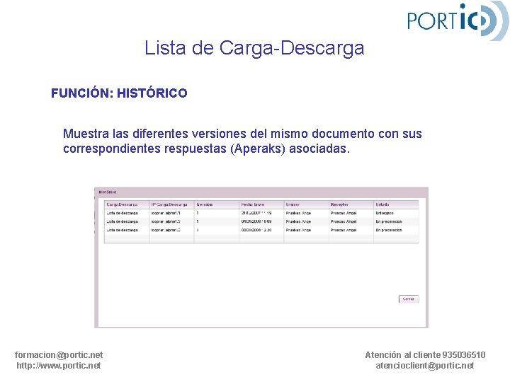 Lista de Carga-Descarga FUNCIÓN: HISTÓRICO Muestra las diferentes versiones del mismo documento con sus