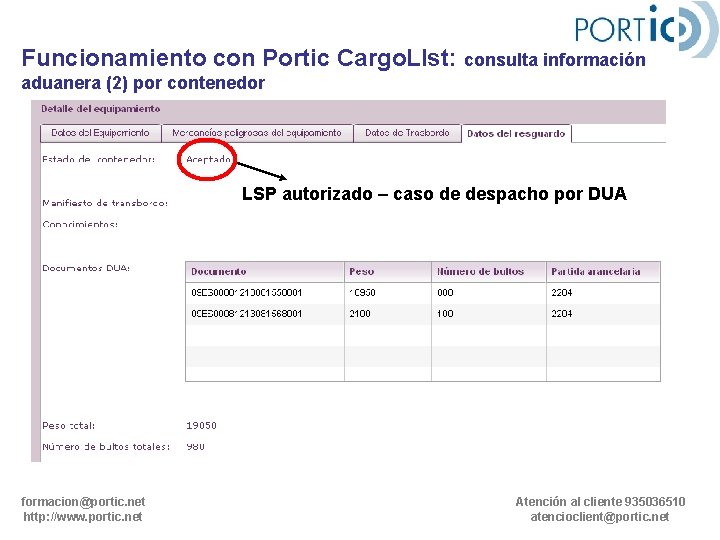 Funcionamiento con Portic Cargo. LIst: consulta información aduanera (2) por contenedor LSP autorizado –