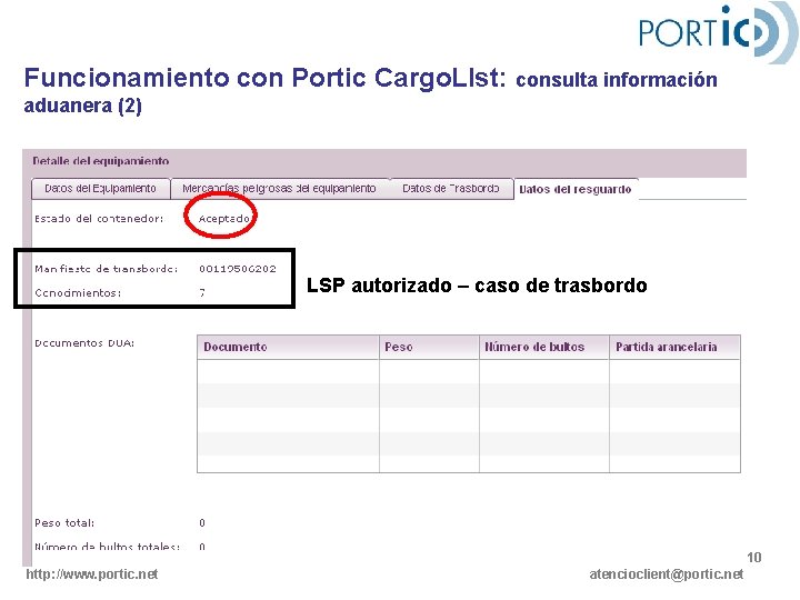 Funcionamiento con Portic Cargo. LIst: consulta información aduanera (2) LSP autorizado – caso de