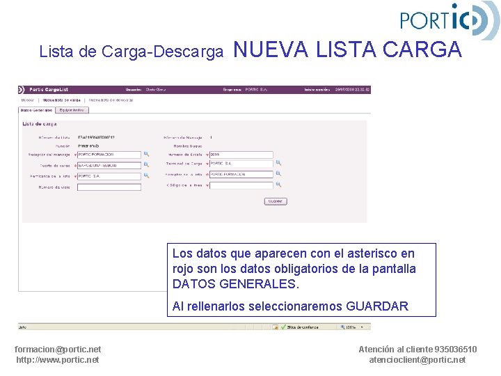 Lista de Carga-Descarga NUEVA LISTA CARGA Los datos que aparecen con el asterisco en