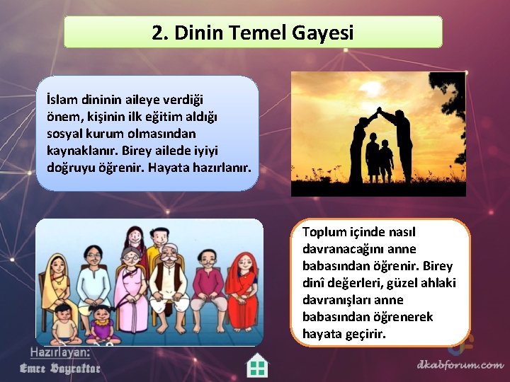 2. Dinin Temel Gayesi İslam dininin aileye verdiği önem, kişinin ilk eğitim aldığı sosyal