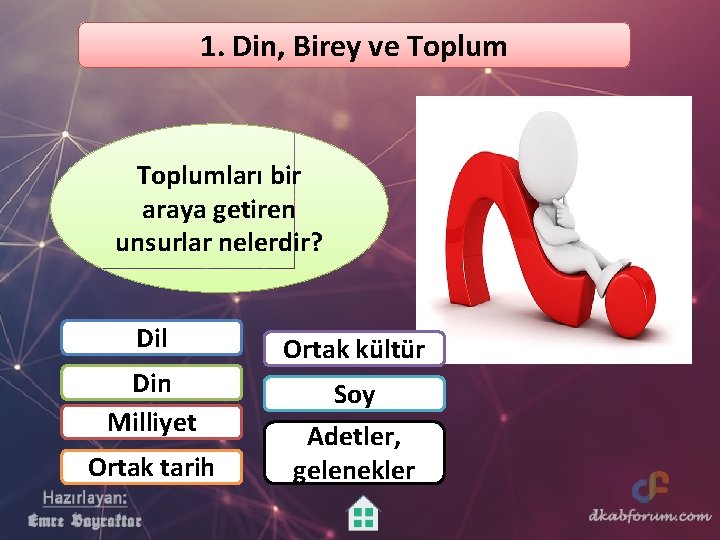 1. Din, Birey ve Toplumları bir araya getiren unsurlar nelerdir? Dil Din Milliyet Ortak 1. Din, Birey ve Toplumları bir araya getiren unsurlar nelerdir? Dil Din Milliyet Ortak