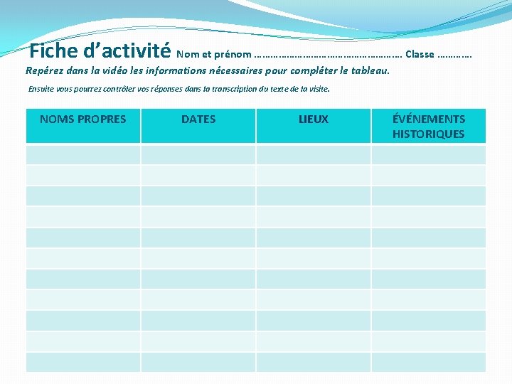 Fiche d’activité Nom et prénom ………………………. Classe …………. Repérez dans la vidéo les informations