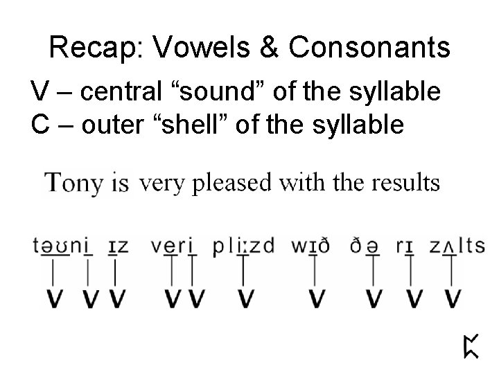 Recap: Vowels & Consonants V – central “sound” of the syllable C – outer