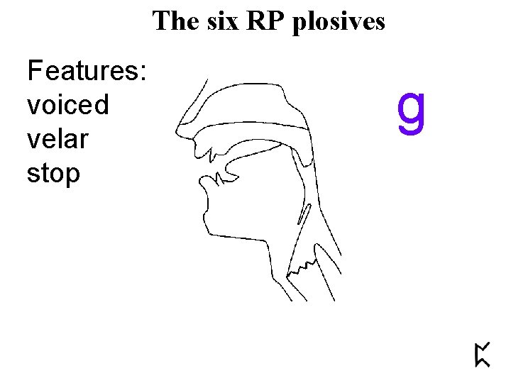 The six RP plosives Features: voiced velar stop g 