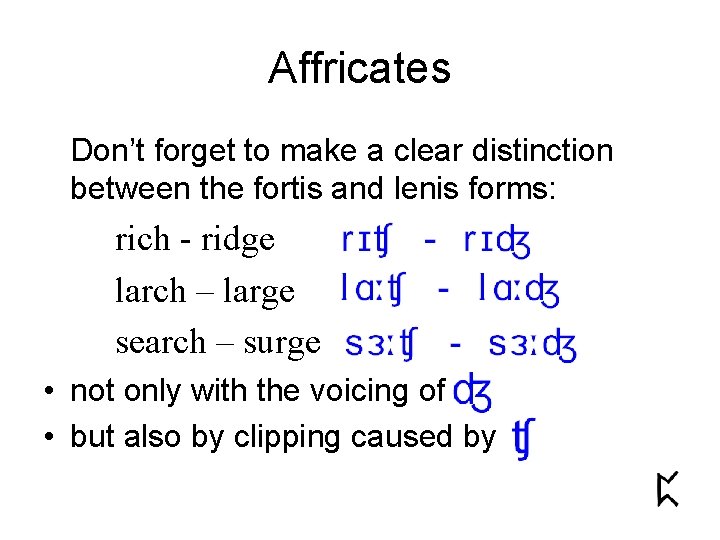 Affricates Don’t forget to make a clear distinction between the fortis and lenis forms: