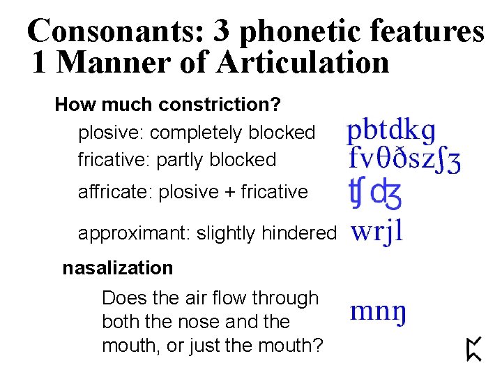 Consonants: 3 phonetic features 1 Manner of Articulation How much constriction? plosive: completely blocked