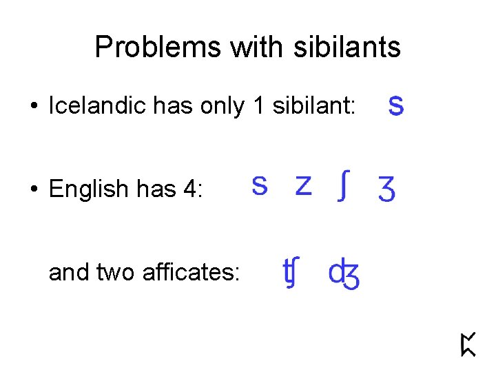 Problems with sibilants • Icelandic has only 1 sibilant: • English has 4: and