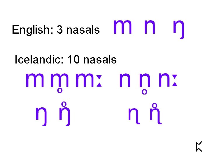 English: 3 nasals Icelandic: 10 nasals 