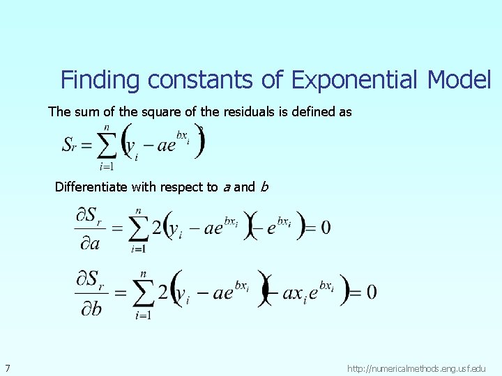Finding constants of Exponential Model The sum of the square of the residuals is