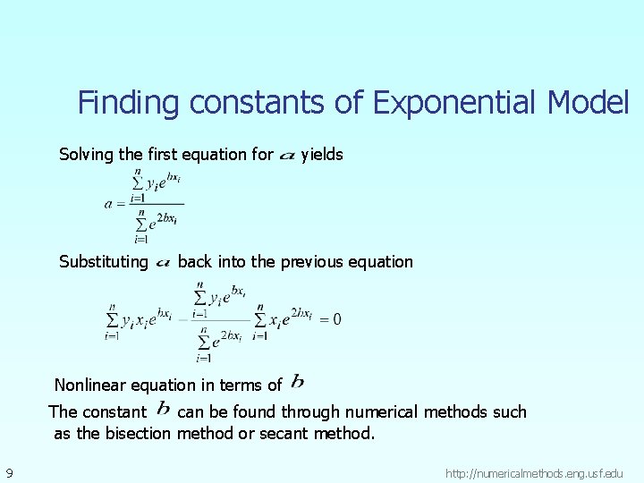 Finding constants of Exponential Model Solving the first equation for Substituting yields back into