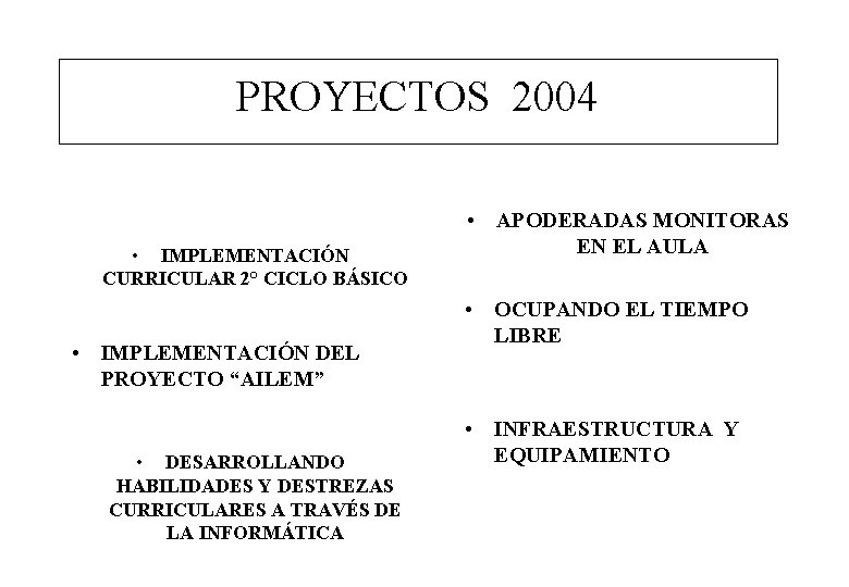 PROYECTOS 2004 • IMPLEMENTACIÓN CURRICULAR 2° CICLO BÁSICO • IMPLEMENTACIÓN DEL PROYECTO “AILEM” •