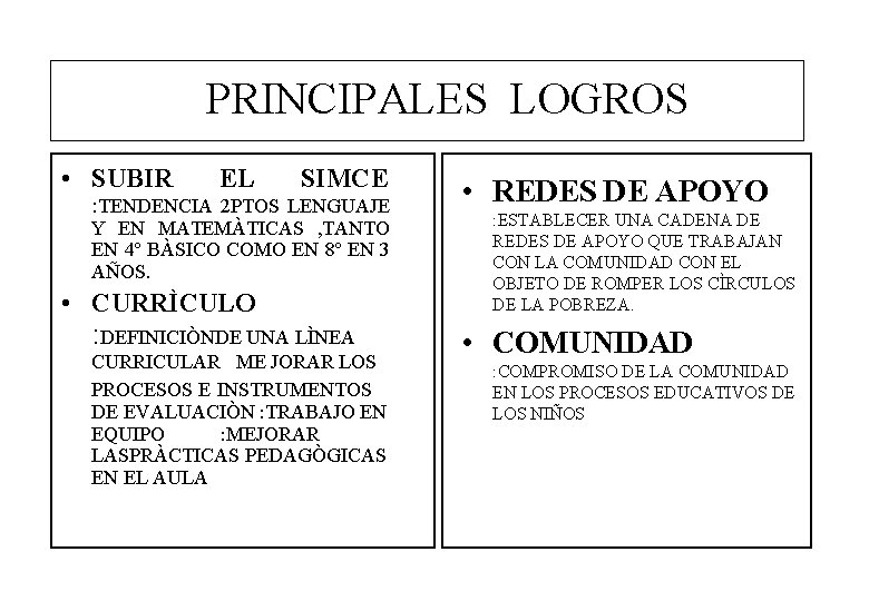 PRINCIPALES LOGROS • SUBIR EL SIMCE : TENDENCIA 2 PTOS LENGUAJE Y EN MATEMÀTICAS