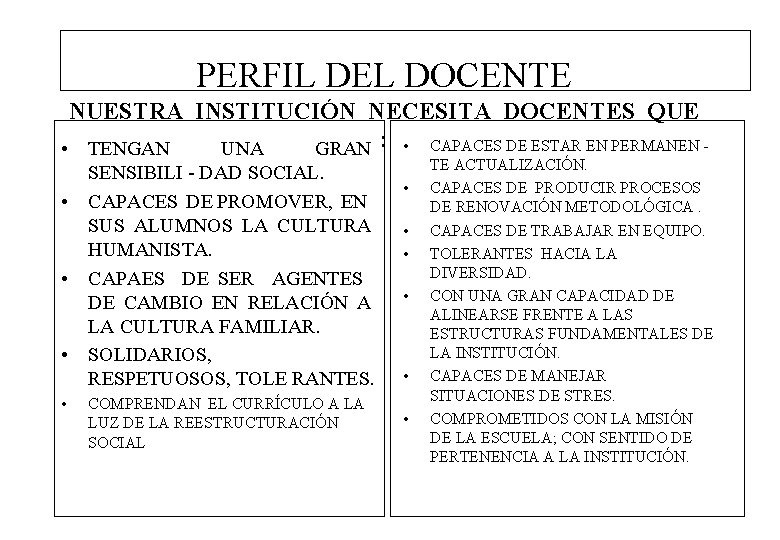 PERFIL DEL DOCENTE NUESTRA INSTITUCIÓN NECESITA DOCENTES QUE • TENGAN UNA GRAN : •