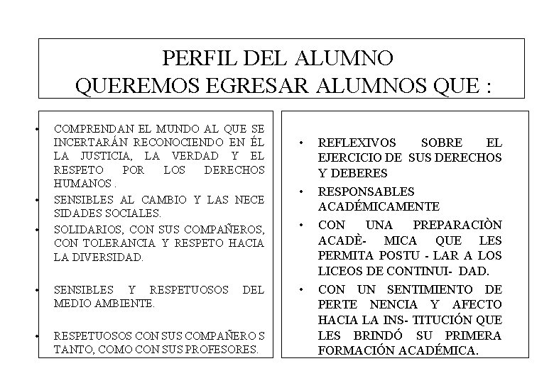 PERFIL DEL ALUMNO QUEREMOS EGRESAR ALUMNOS QUE : • • • COMPRENDAN EL MUNDO