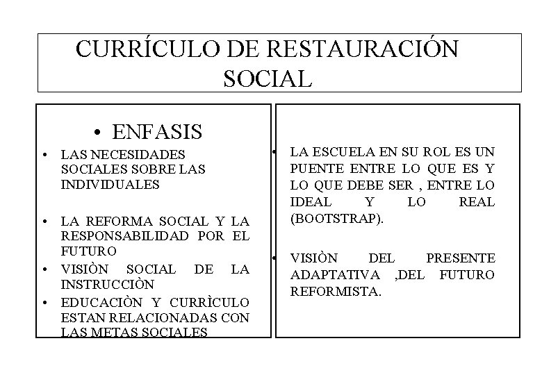 CURRÍCULO DE RESTAURACIÓN SOCIAL • ENFASIS • LAS NECESIDADES SOCIALES SOBRE LAS INDIVIDUALES •