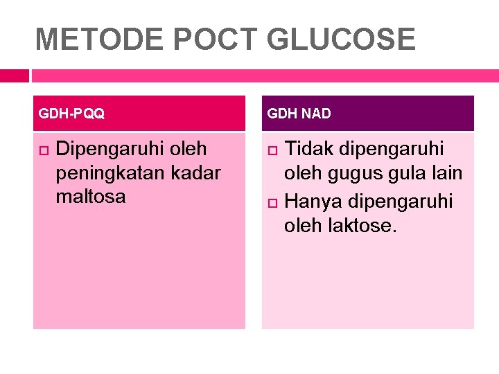 METODE POCT GLUCOSE GDH-PQQ Dipengaruhi oleh peningkatan kadar maltosa GDH NAD Tidak dipengaruhi oleh