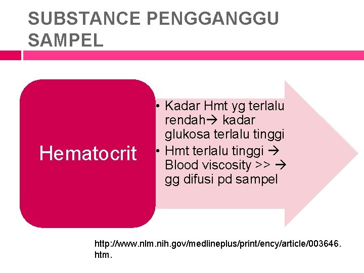 SUBSTANCE PENGGANGGU SAMPEL Hematocrit • Kadar Hmt yg terlalu rendah kadar glukosa terlalu tinggi