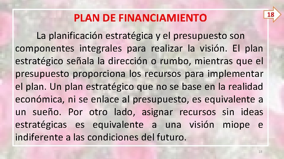 18 PLAN DE FINANCIAMIENTO La planificación estratégica y el presupuesto son componentes integrales para