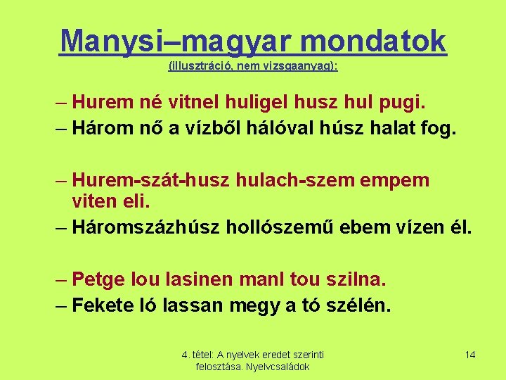 Manysi–magyar mondatok (illusztráció, nem vizsgaanyag): – Hurem né vitnel huligel husz hul pugi. –