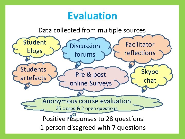 Evaluation Data collected from multiple sources Student blogs Students artefacts Discussion forums Facilitator reflections