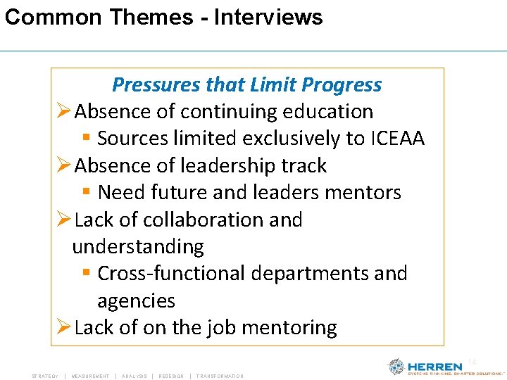 Common Themes - Interviews Pressures that Limit Progress ØAbsence of continuing education § Sources Common Themes - Interviews Pressures that Limit Progress ØAbsence of continuing education § Sources