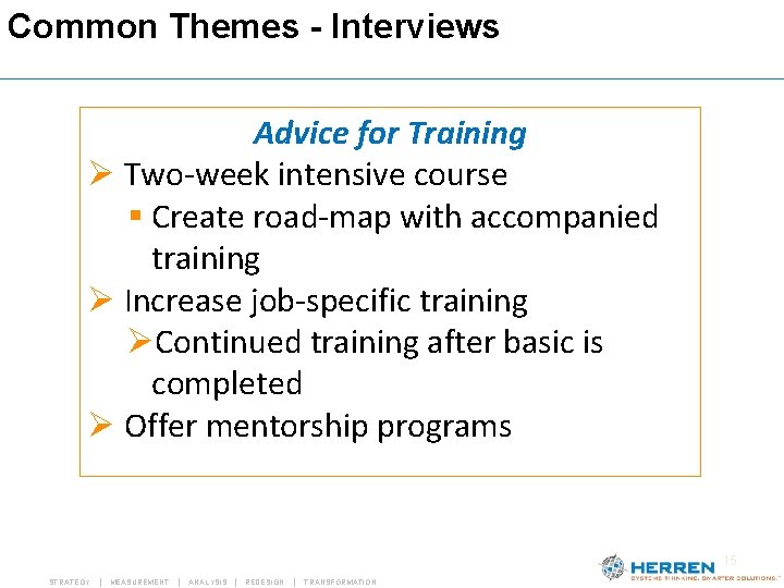 Common Themes - Interviews Advice for Training Ø Two-week intensive course § Create road-map Common Themes - Interviews Advice for Training Ø Two-week intensive course § Create road-map