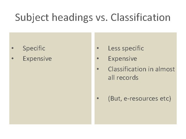 Subject headings vs. Classification • • Specific Expensive • • • Less specific Expensive