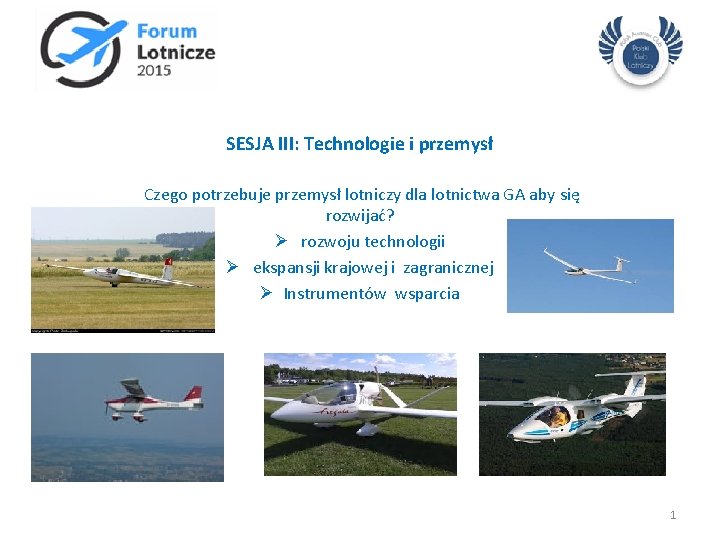 SESJA III: Technologie i przemysł Czego potrzebuje przemysł lotniczy dla lotnictwa GA aby się