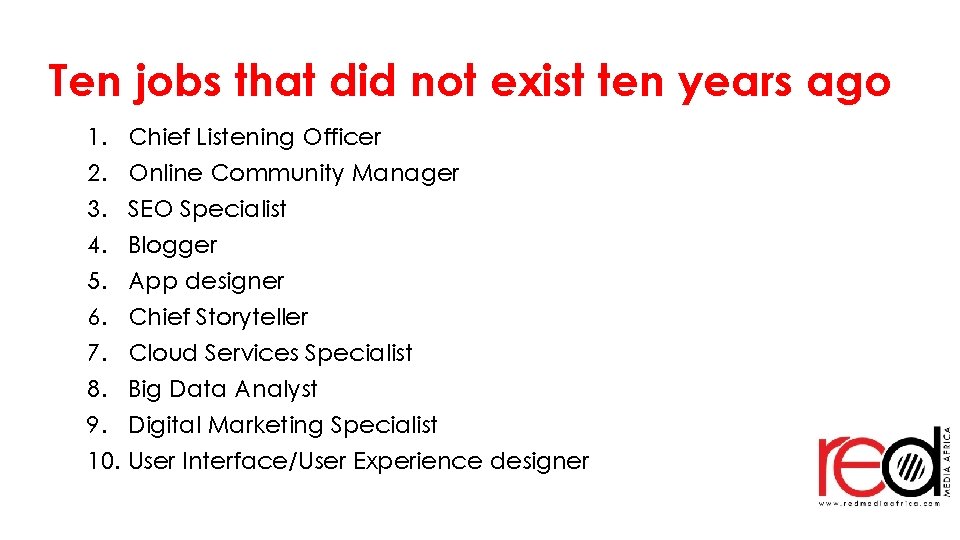 Ten jobs that did not exist ten years ago 1. Chief Listening Officer 2.