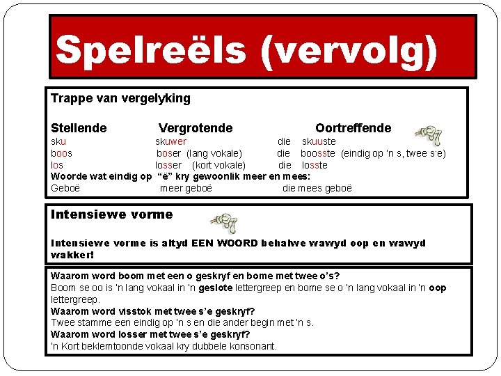 Spelreëls (vervolg) Trappe van vergelyking Stellende sku boos los Woorde wat eindig op Geboë