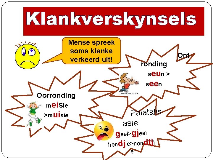 Klankverskynsels Mense spreek soms klanke verkeerd uit! Ont ronding seun > seen Oorronding meisie