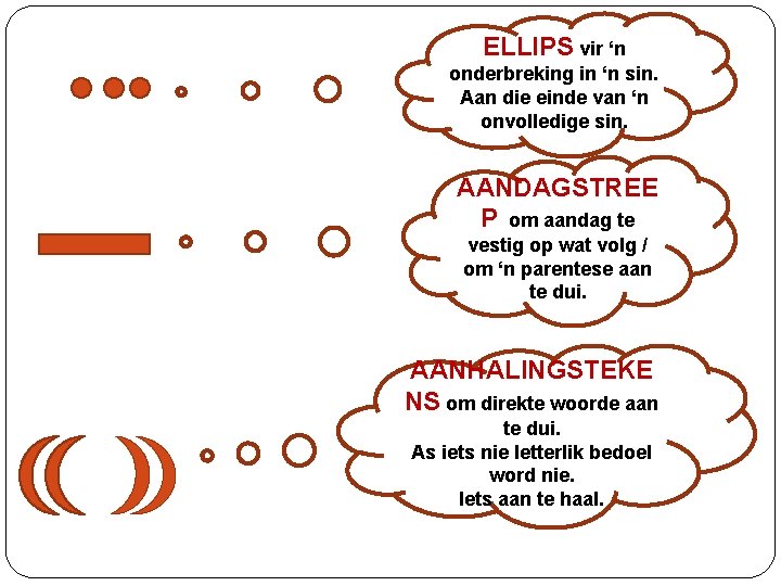 ELLIPS vir ‘n onderbreking in ‘n sin. Aan die einde van ‘n onvolledige sin.