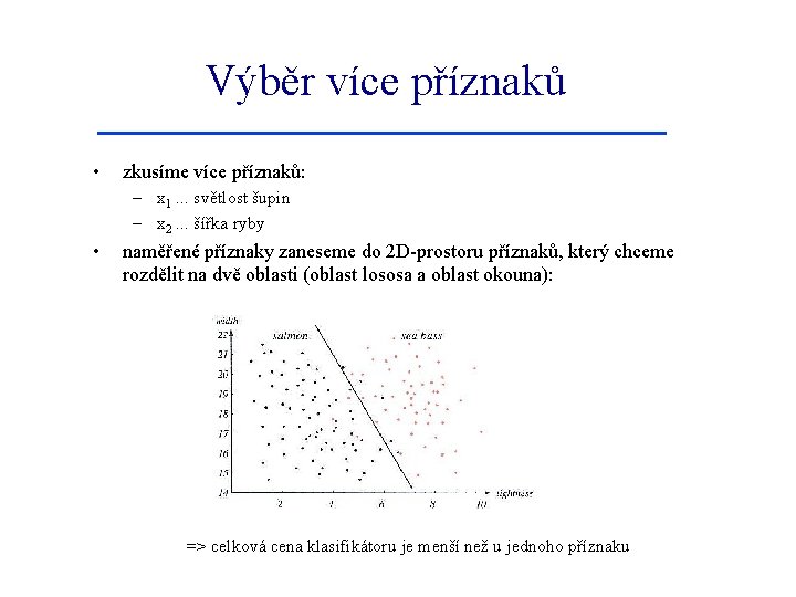 Výběr více příznaků • zkusíme více příznaků: – x 1. . . světlost šupin