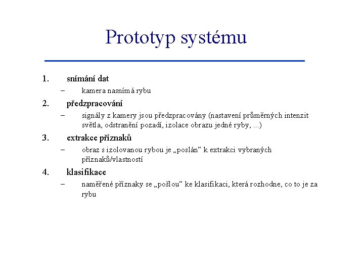 Prototyp systému 1. snímání dat – 2. kamera nasnímá rybu předzpracování – 3. signály