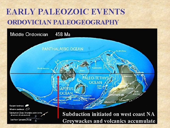 EARLY PALEOZOIC EVENTS ORDOVICIAN PALEOGEOGRAPHY Subduction initiated on west coast NA Greywackes and volcanics