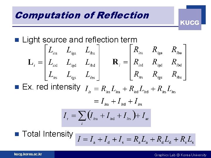 Computation of Reflection n Light source and reflection term n Ex. red intensity n