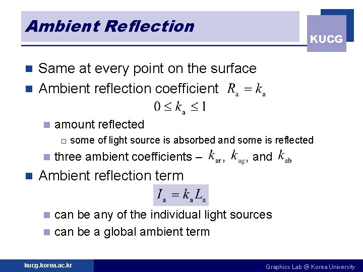 Ambient Reflection KUCG Same at every point on the surface n Ambient reflection coefficient