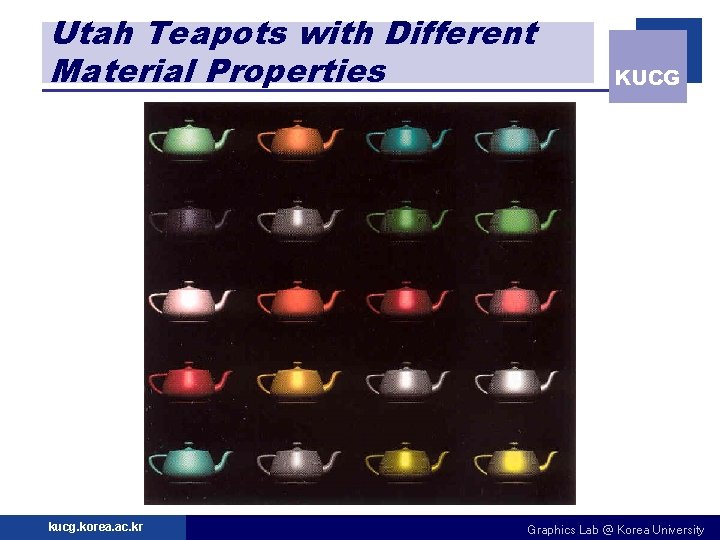 Utah Teapots with Different Material Properties kucg. korea. ac. kr KUCG Graphics Lab @