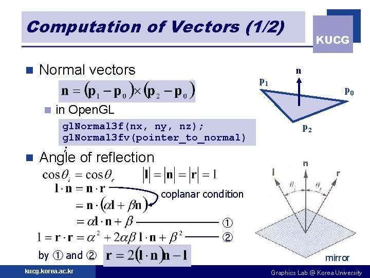 Computation of Vectors (1/2) n Normal vectors n n p 1 KUCG n p