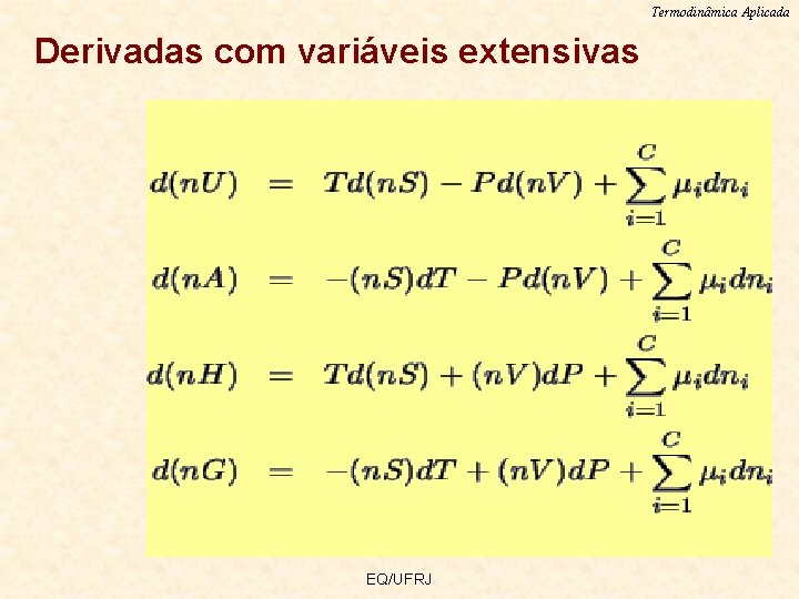 Termodinâmica Aplicada Derivadas com variáveis extensivas EQ/UFRJ 