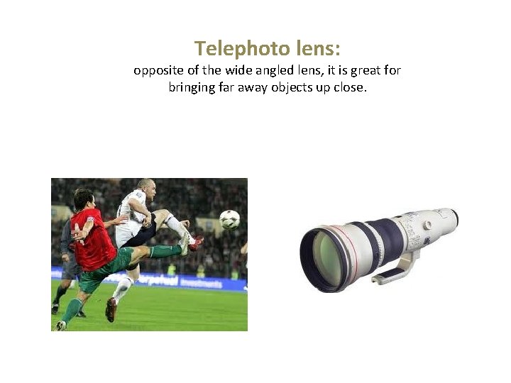 Telephoto lens: opposite of the wide angled lens, it is great for bringing far