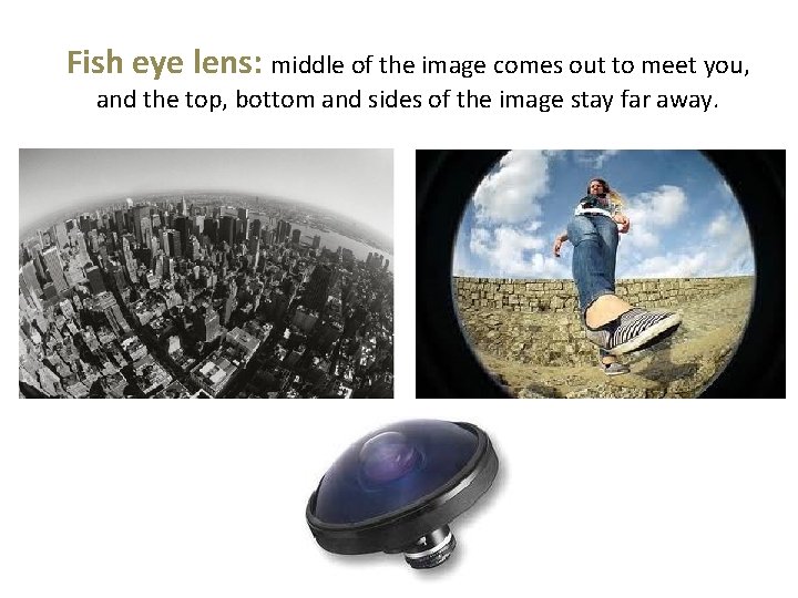 Fish eye lens: middle of the image comes out to meet you, and the