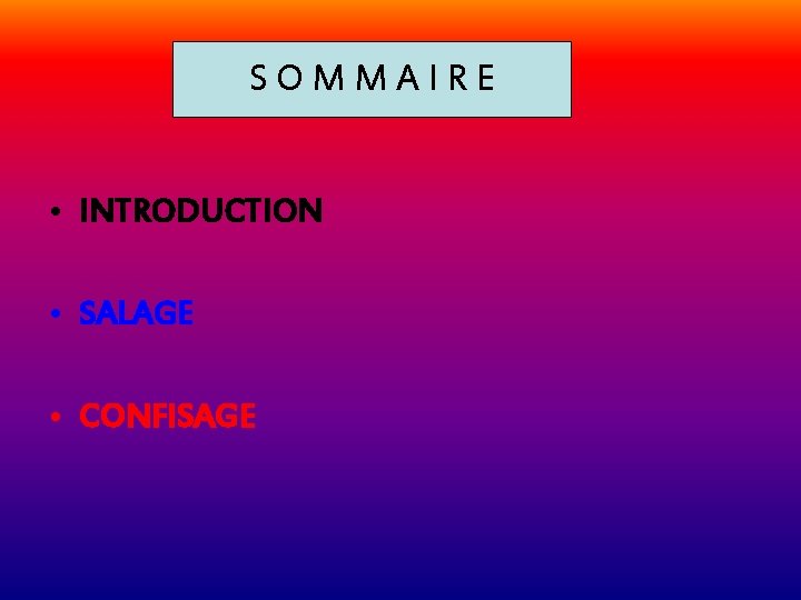 SOMMAIRE • INTRODUCTION • SALAGE • CONFISAGE 